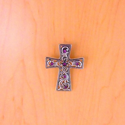 7006SIL-PUR PURPLE CRYSTAL / SMALL COPPER WALL CROSS / W HOOK